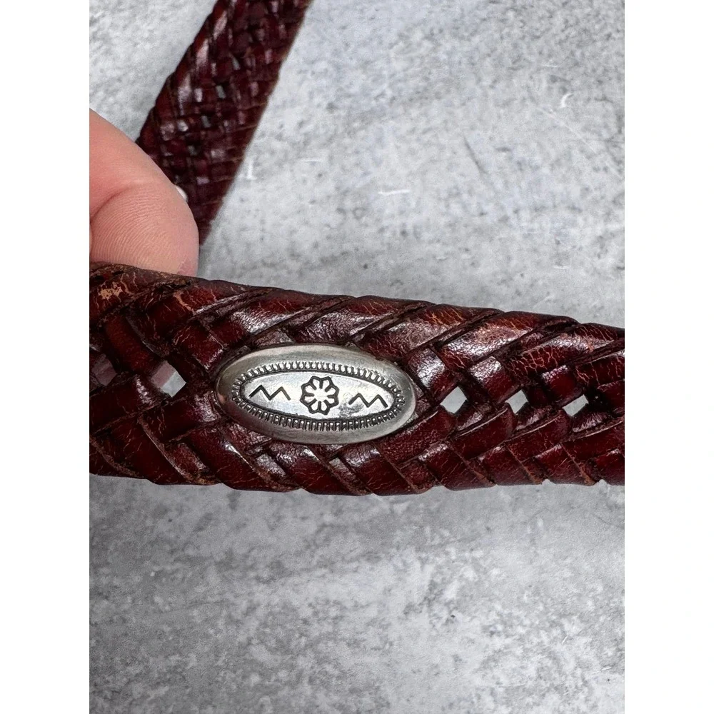 Fossil Mens Brown Braided Woven Genuine Leather Belt Silver Hardware BT2279200 M